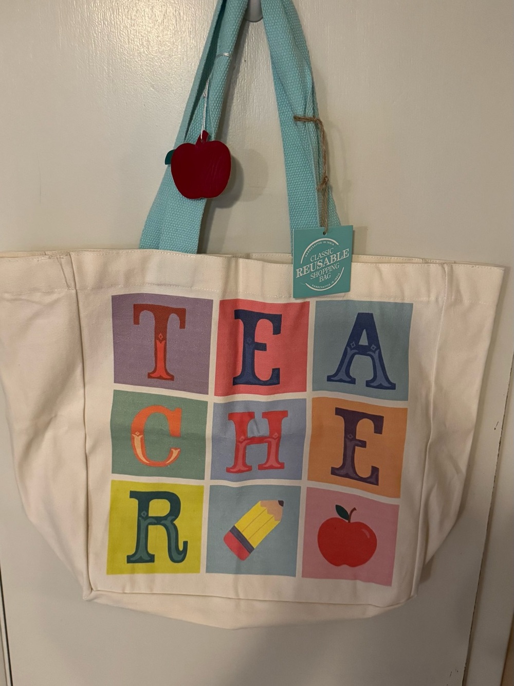 Teacher Canvas Tote Bag with Aqua Straps